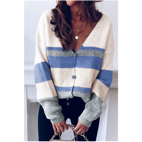 Multicolor striped vneck button down cardiGAN - Picture 1 of 3